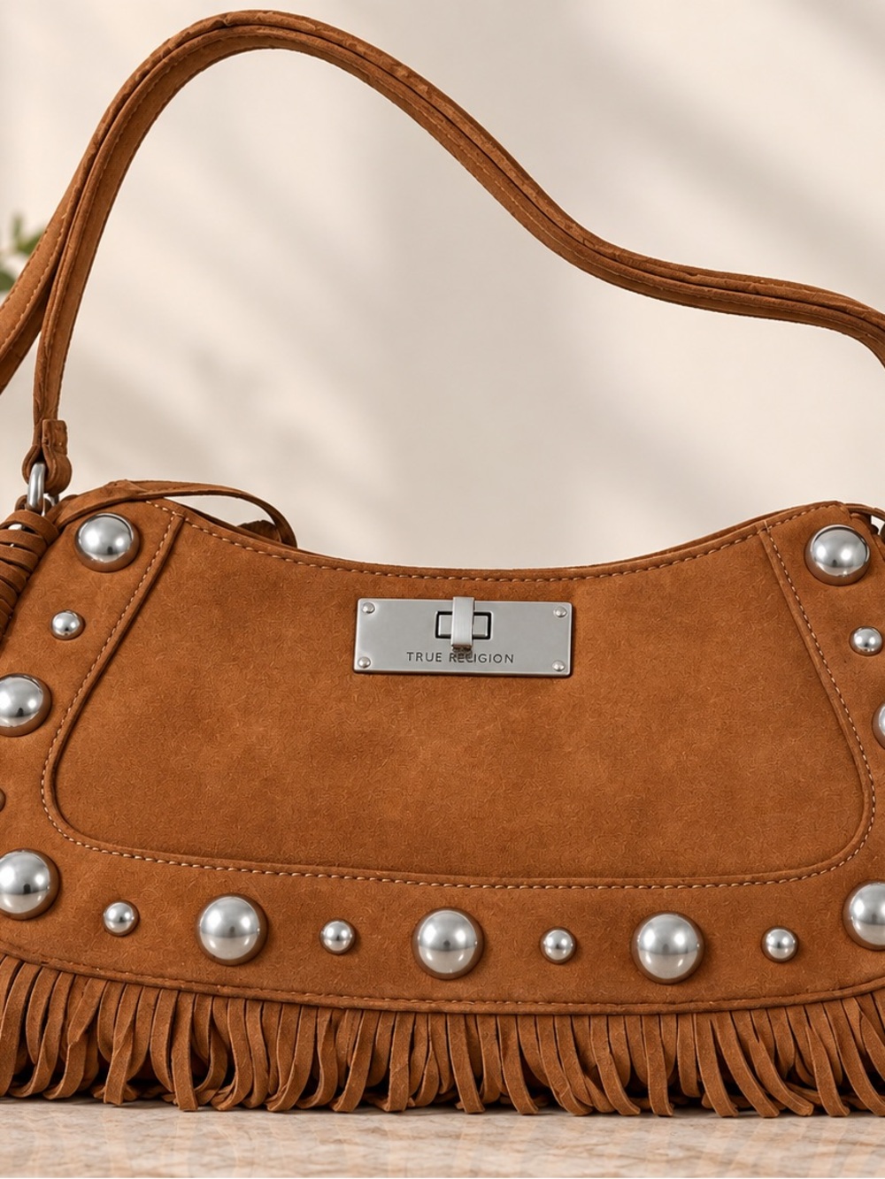 True Religion Caramel Brown Fringe Studded Shoulder Bag- NWT
